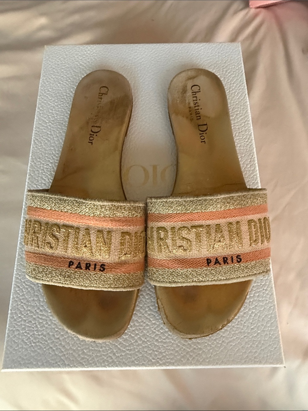 Dior Beige and Coral Embroidered Logo Slide Sandals